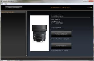 Sigma USB Dock Review: Once the lens is detected, options for updating the firmware and customising the lens are available.
