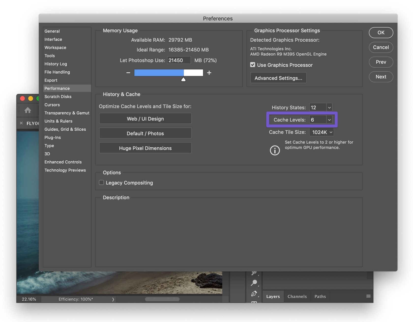 Screenshot: Cache levels setting in Photoshop