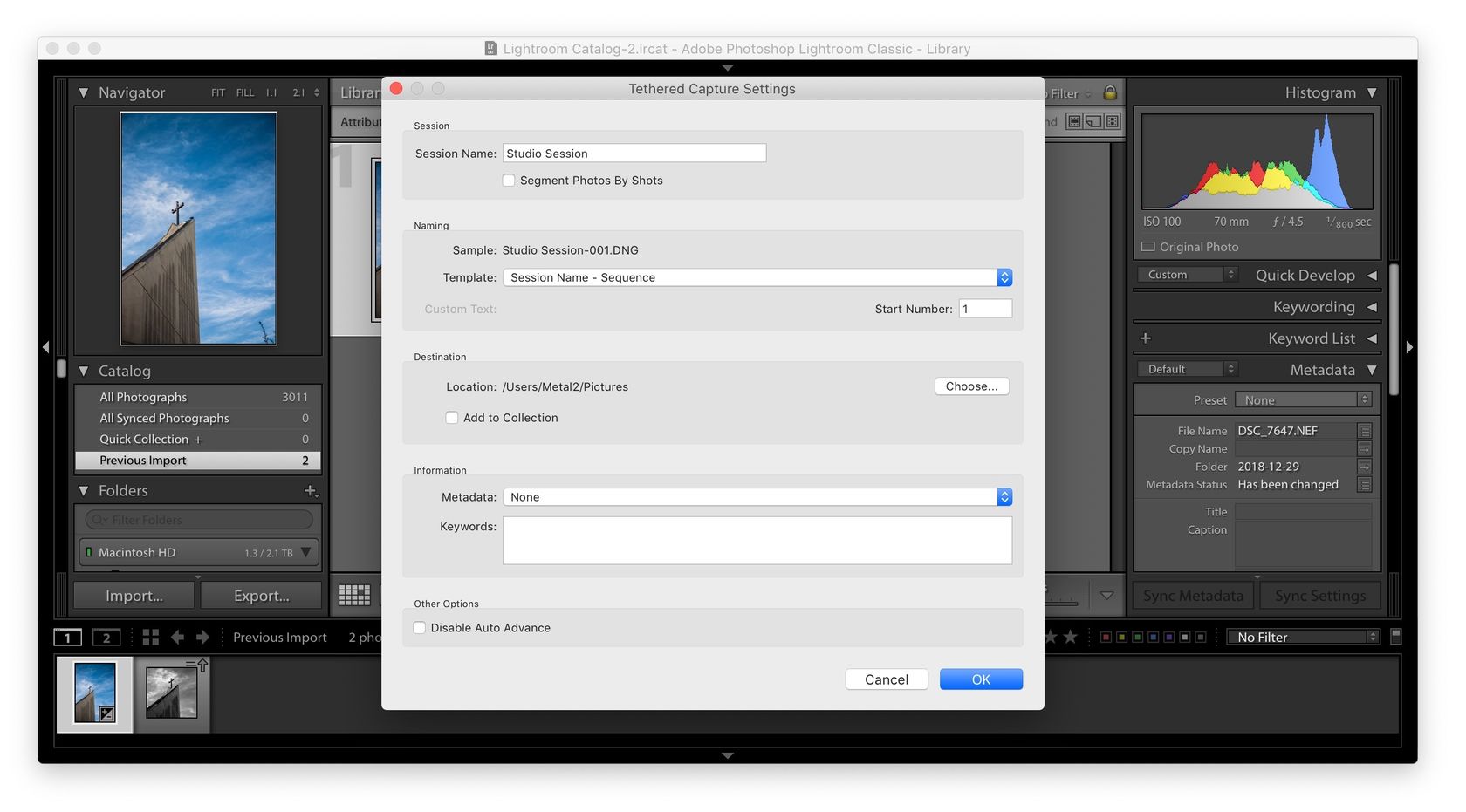 Screenshot: Lightroom tethered capture settings