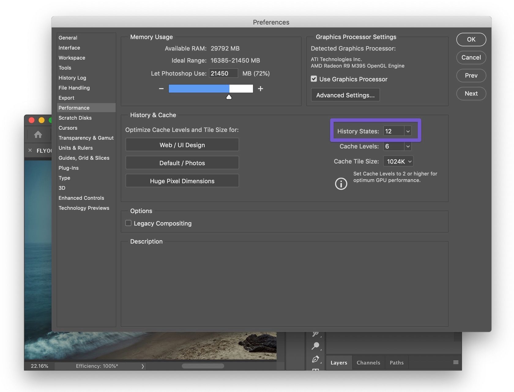 Screenshot: History state setting in Photoshop
