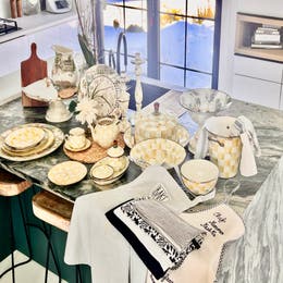 Mackenzie Childs 8 Person China Set! ( Aurora & Yellow Checkers) 