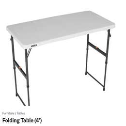 48" x 24" plastic top with metal legs. Pairs well with black table linen.