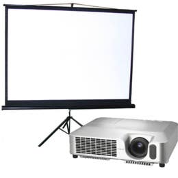 Projector and 72” screen and Savage Paper seamless rolls + stand