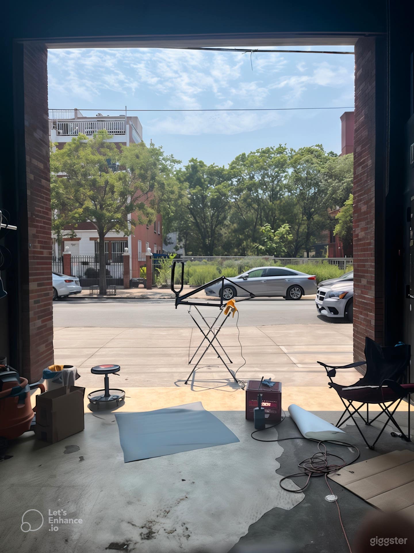 View out doors to lush greenspace across the street. 