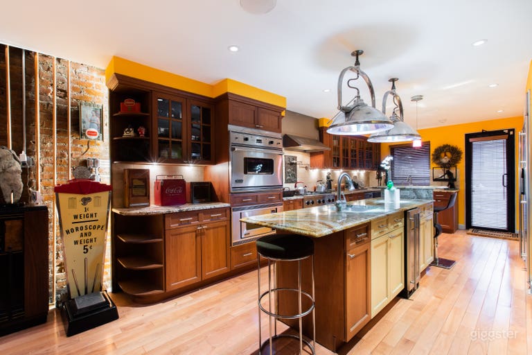 Open Kitchen: Marble countertops and island, Viking stove, oven and microwave, suspended 1940s hospital operating light fixtures, wine cooler, with Art Deco memorabilia 