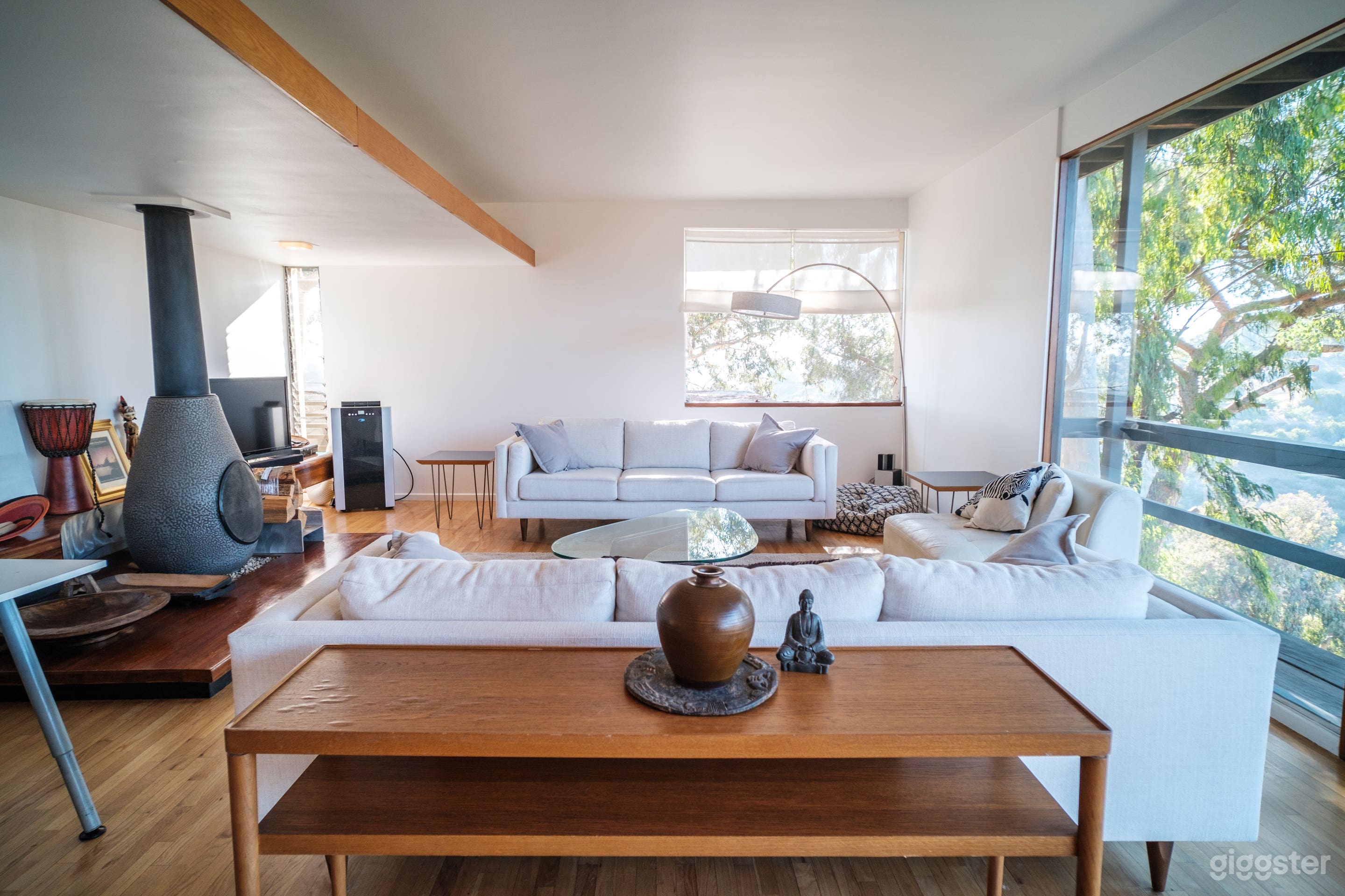 Living Room with Stone covered Cone Fireplace
