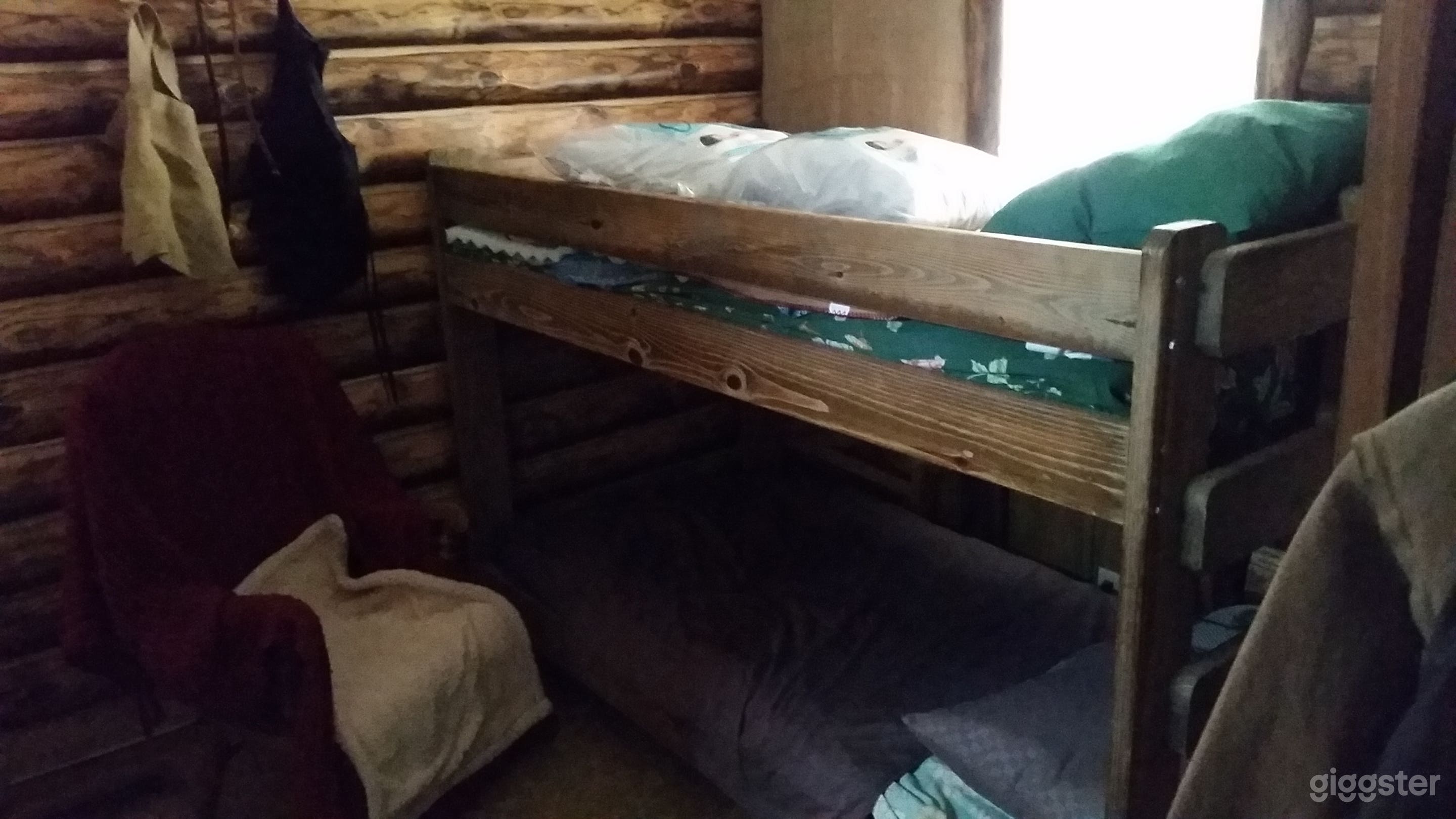 Log cabin interior bedroom with bunk beds (and props)