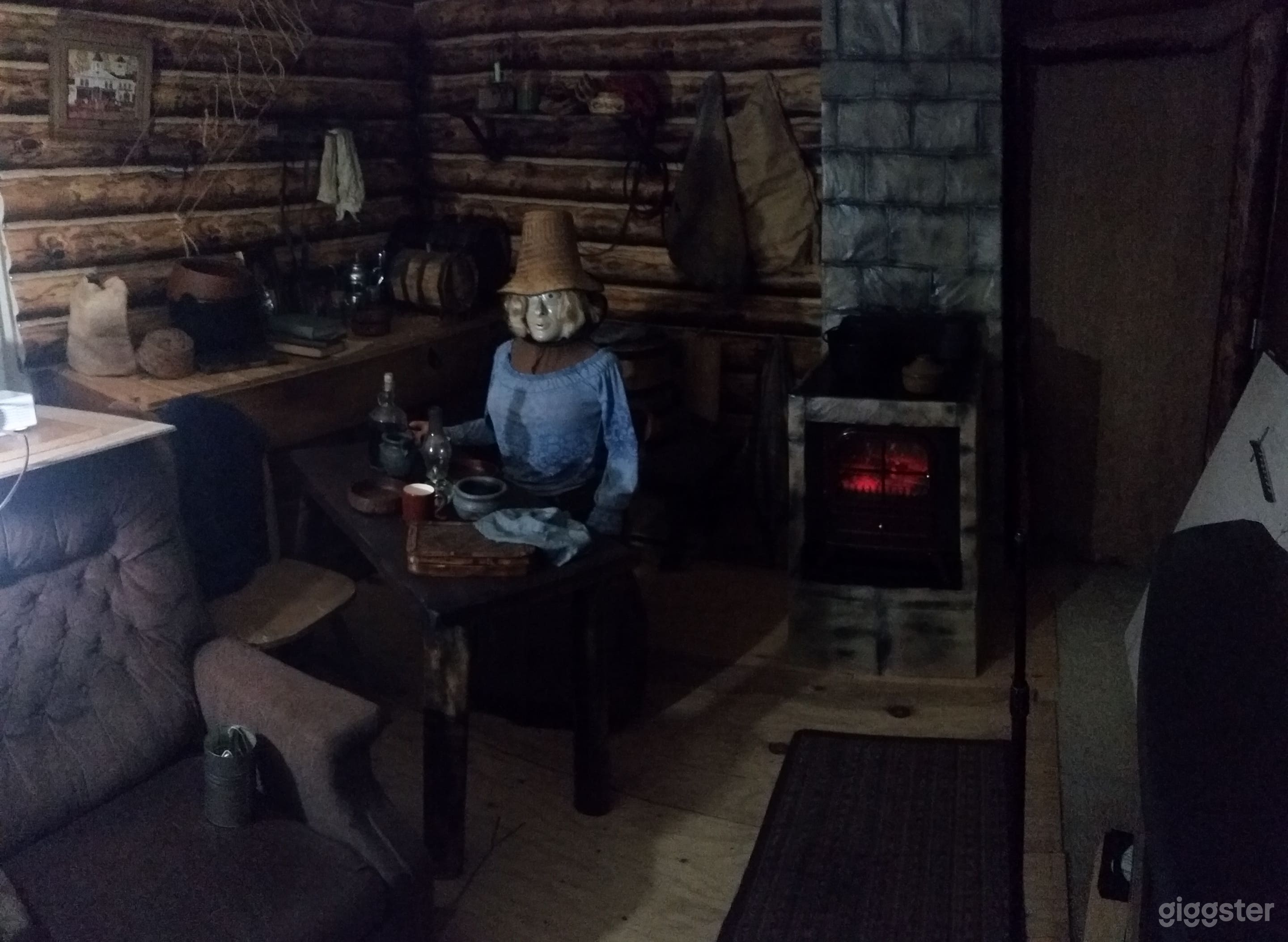 Log cabin interior set (and props) built in the living room.