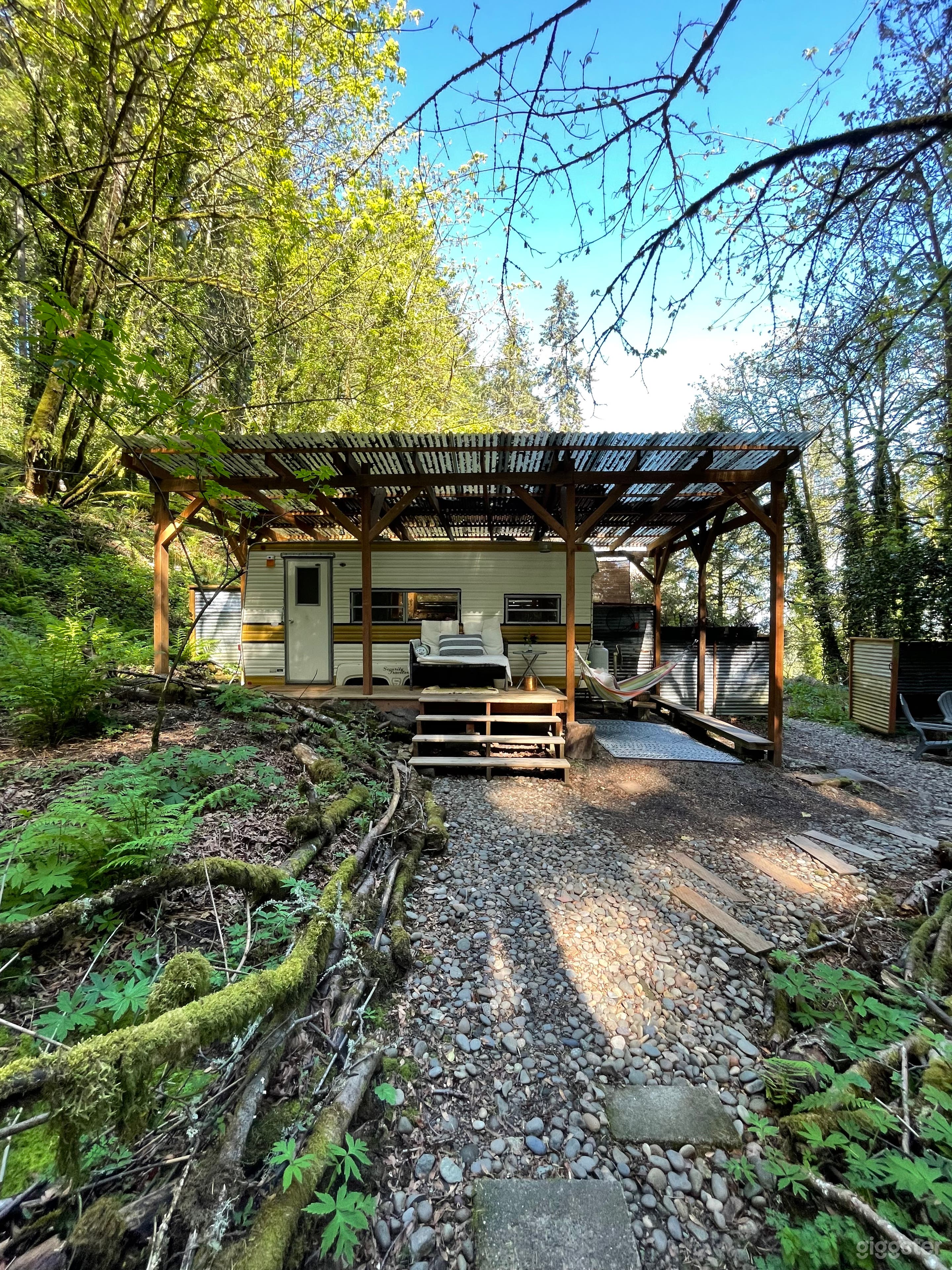 Dreamy vintage camper in old growth forest Photo 1