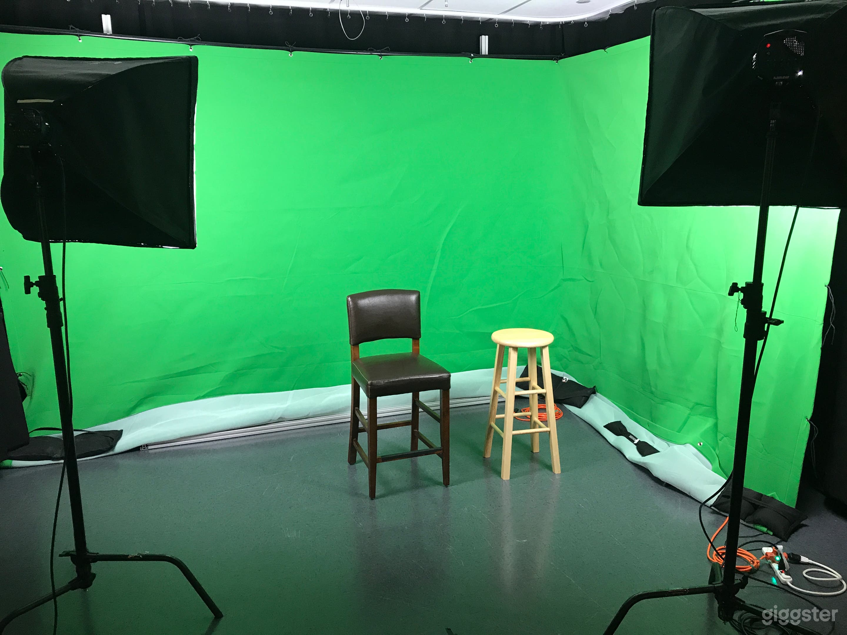 Green screen backdrop suitable for shooting two angles.