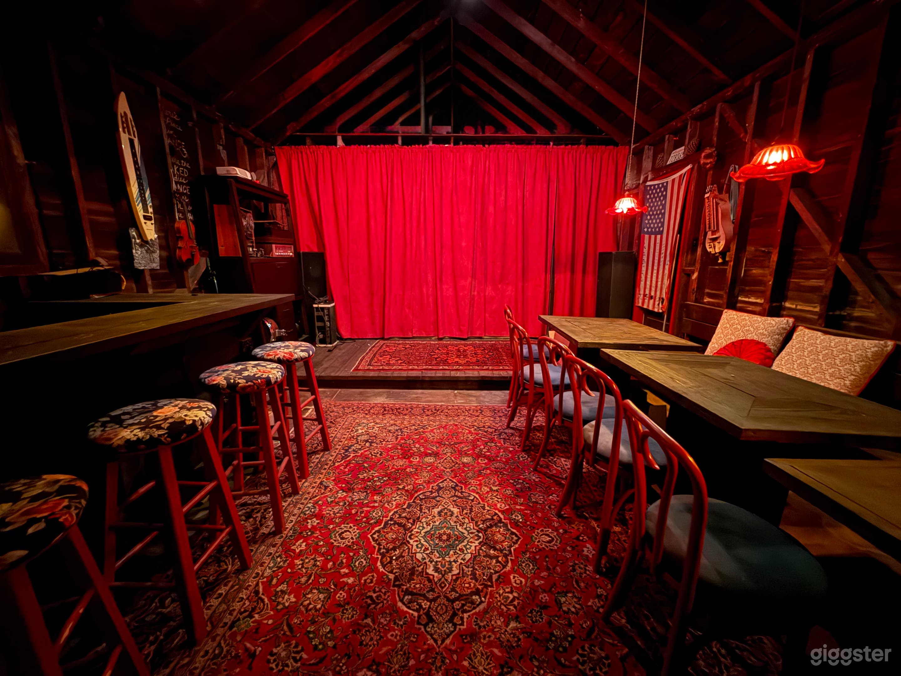 Cinematic Rustic Barn Speakeasy | Bar, Stage & Rich Red Int Photo 1