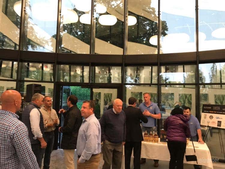 Atrium lobby with high ceilings and tall windows