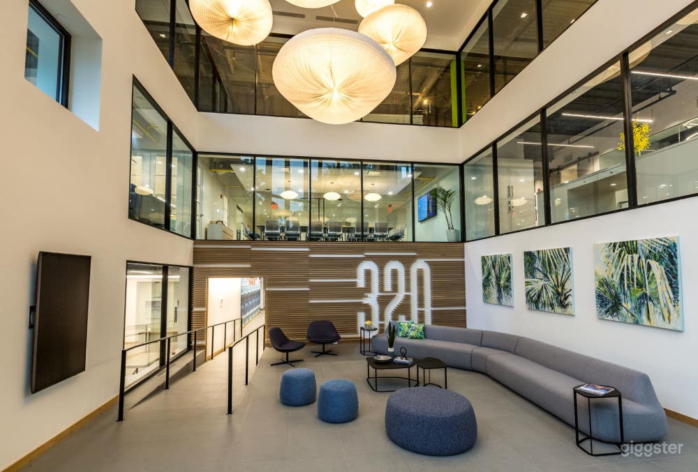 Atrium lobby with high ceilings and tall windows