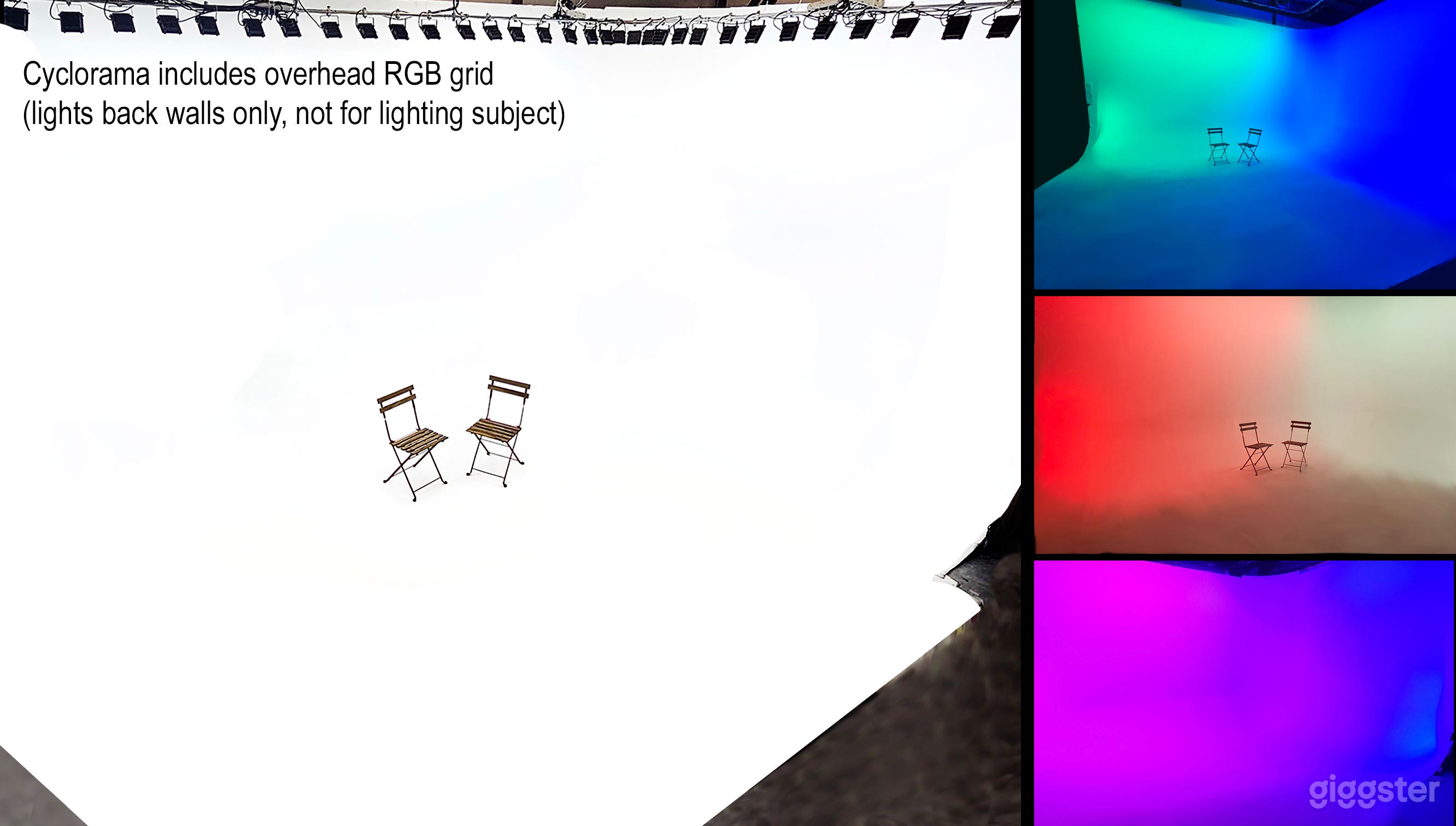 22'w x 14'd x 12'h white cyclorama with deep 2.5' curve 35' backaway distance and installed RGB LED backlighting grid