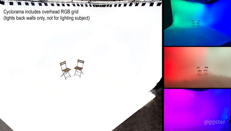  22&#x27;w x 14&#x27;d x 12&#x27;h white cyclorama with deep 2.5&#x27; curve 35&#x27; backaway distance and installed RGB LED backlighting grid 