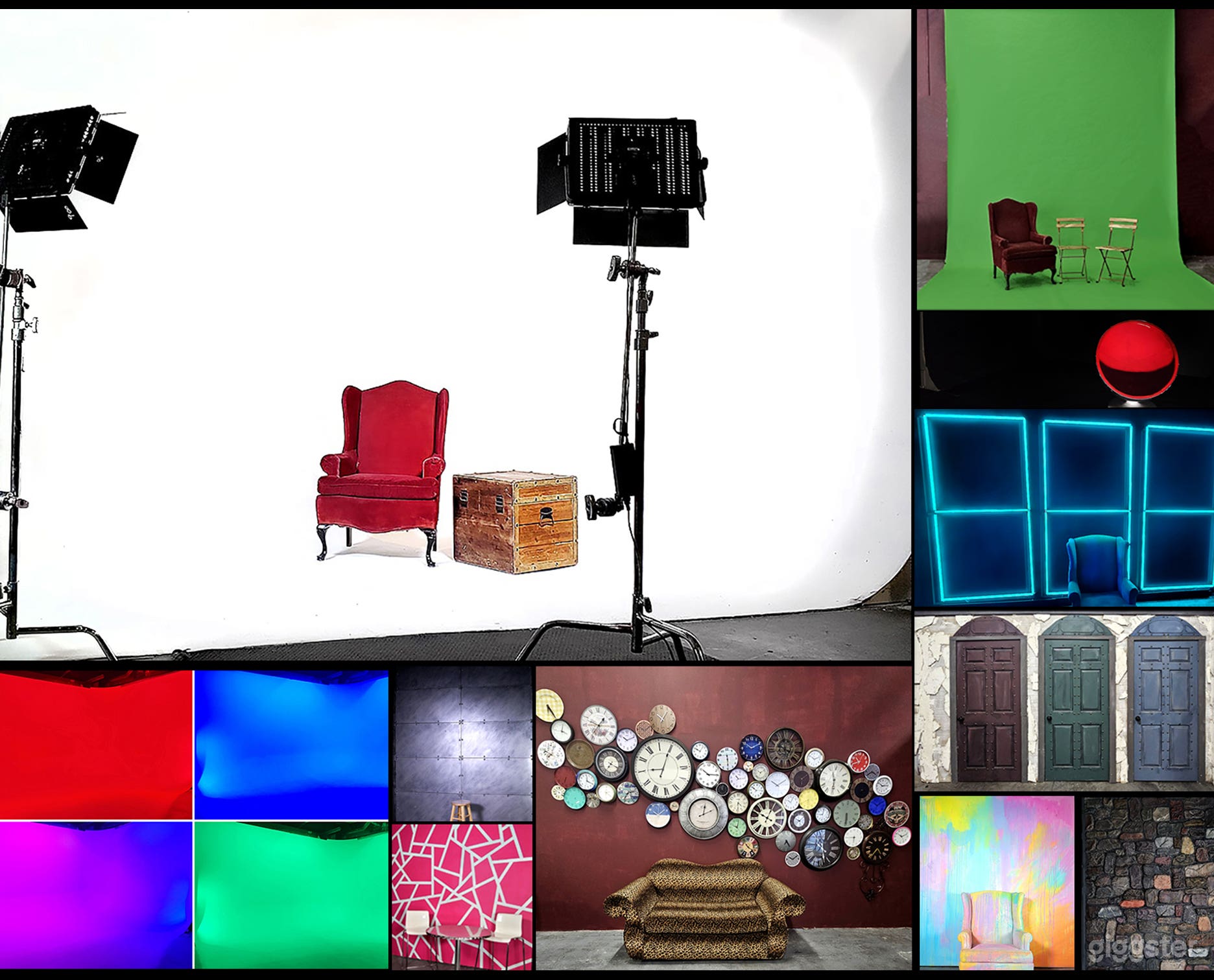 Large white cyclorama, black void, green screen and a dozen different backgrounds