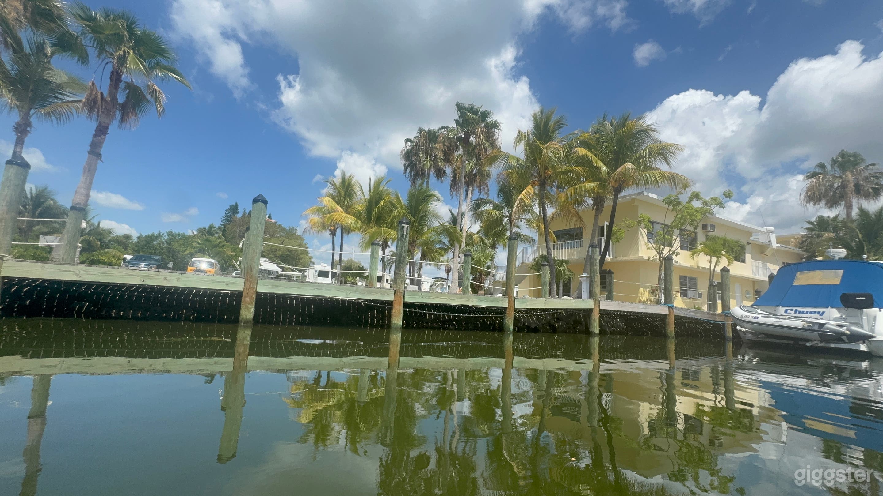 A view of the buildings from a kayak in the water. Film set Manatee Bay, Florida Keys