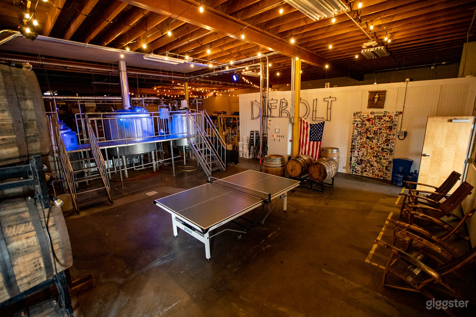 Included in the event space is the large area in front of our brewhouse featuring room for ping pong, barrel chairs, bands etc.
