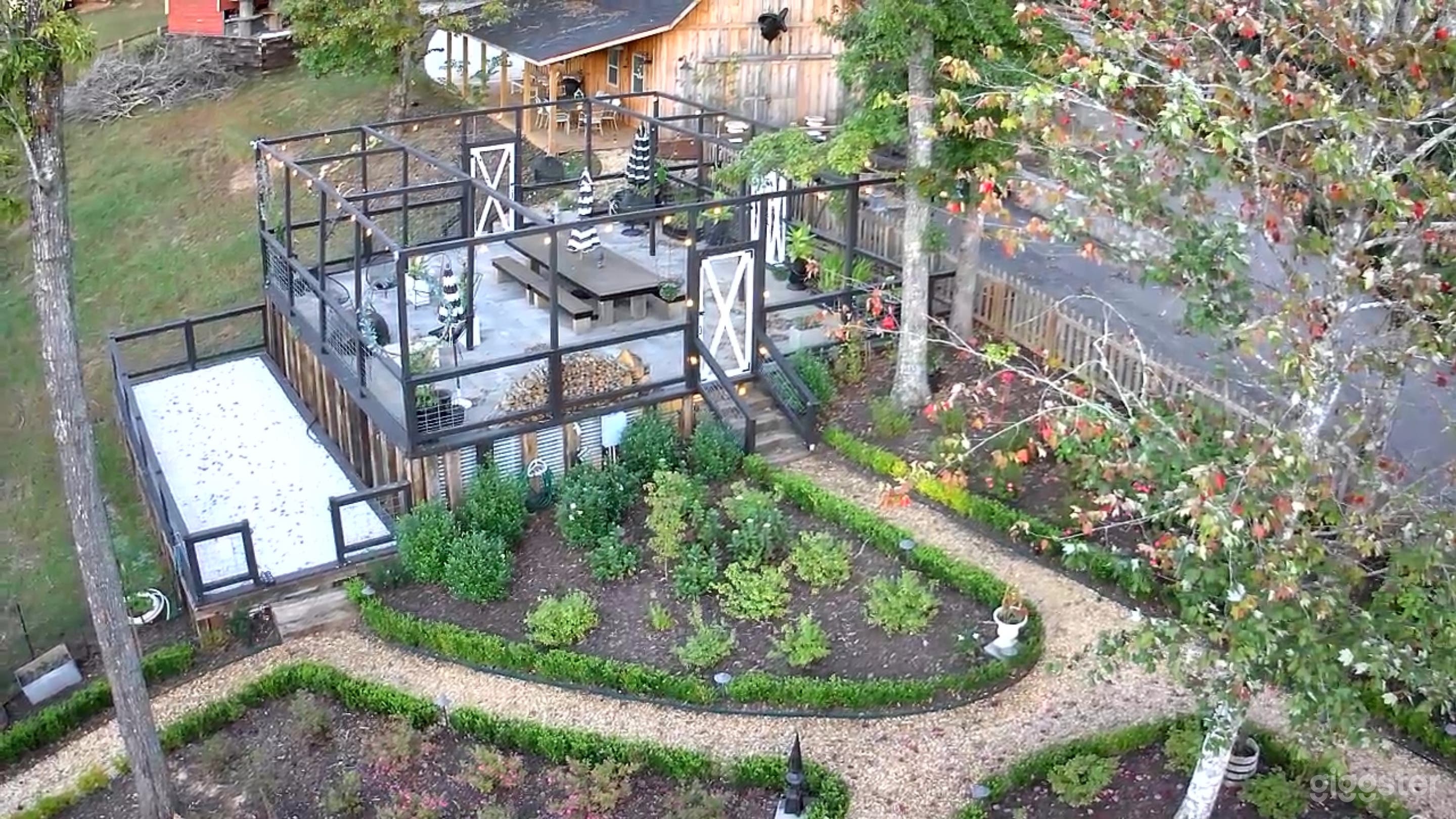 Aerial view of elevated summer garden and Bocce Court/kitchen garden