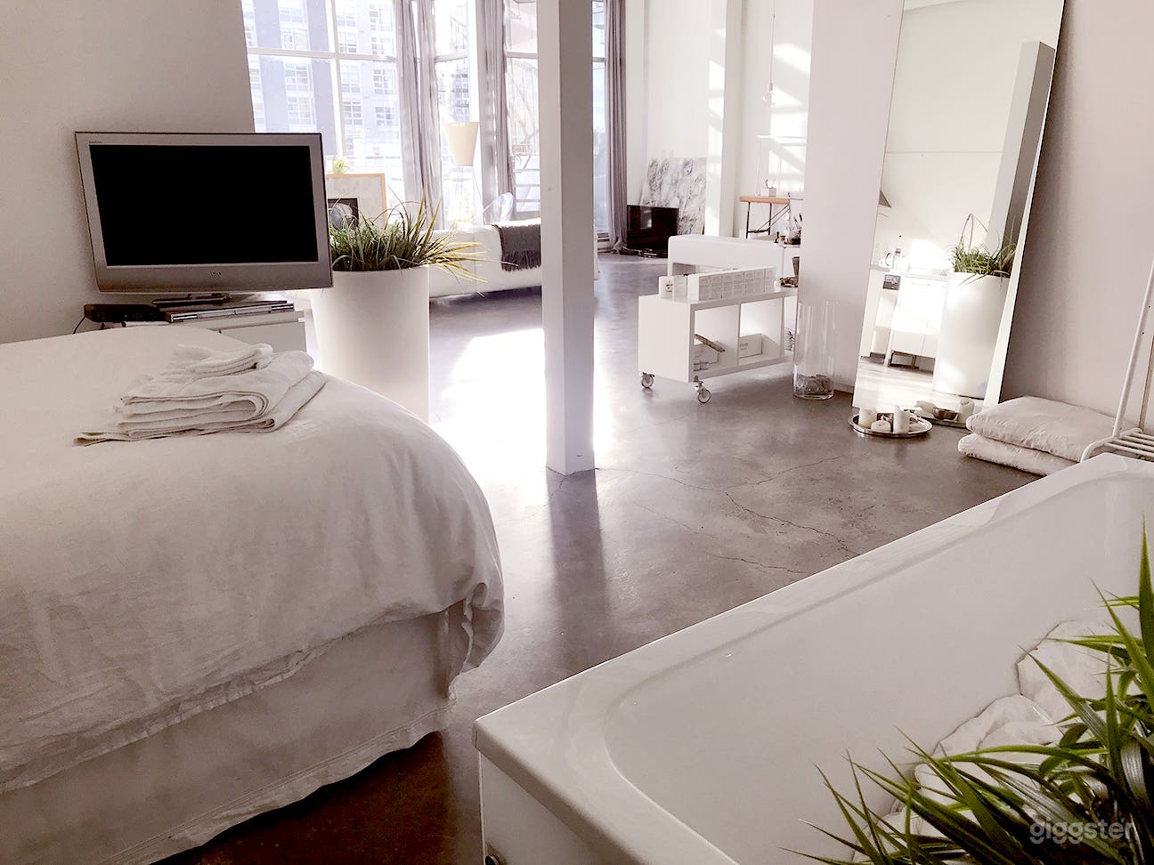 Open concept bath bedroom area great for bathtub scenes. 