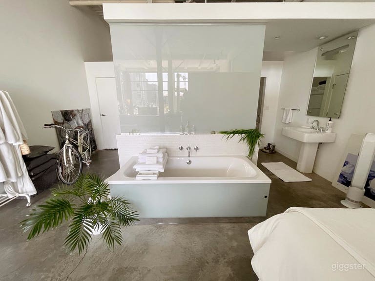  White Loft with open concept, deck and fireplace. 