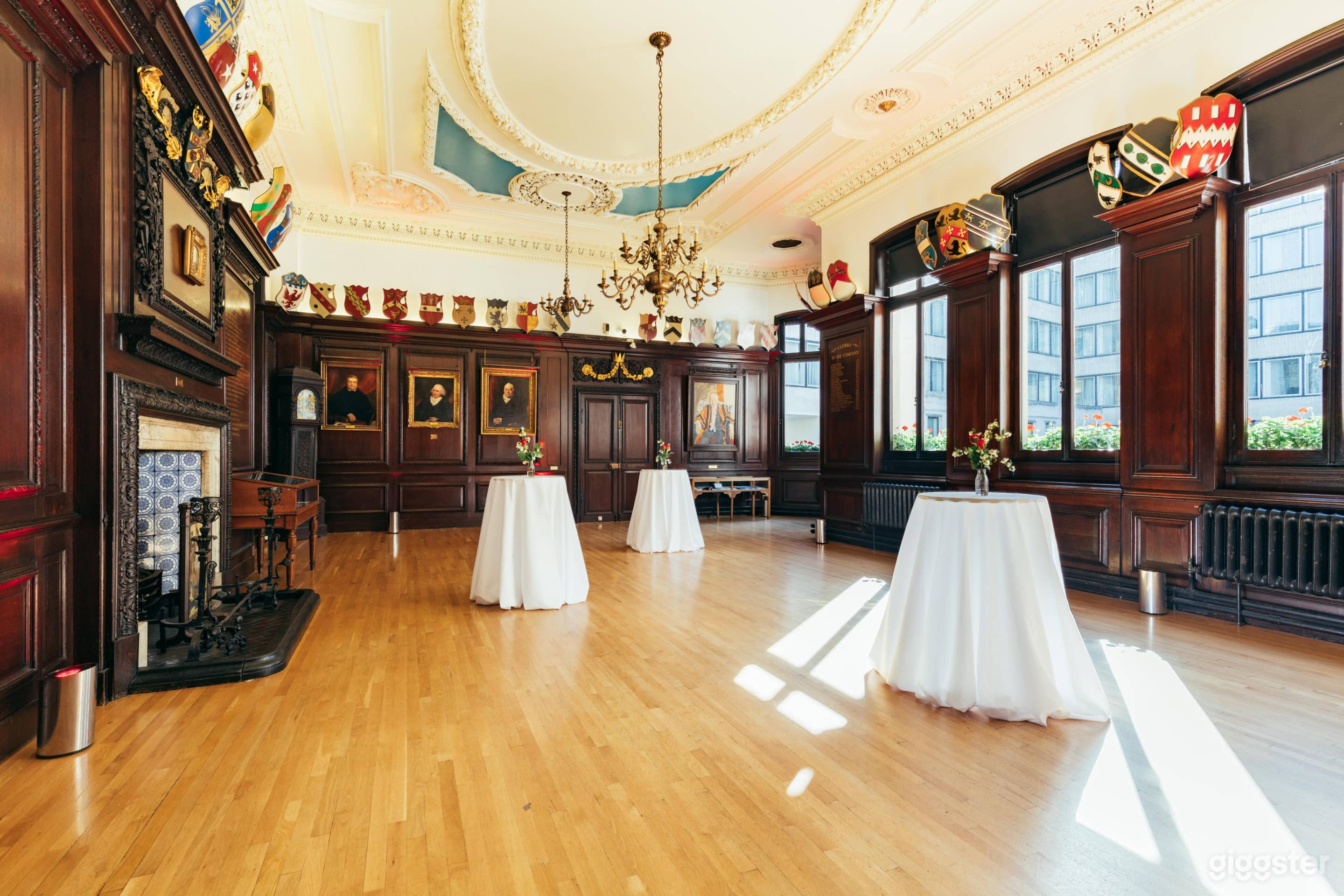 Stock Room at Stationers' Hall - #Wood-paneled room with natural daylight 17th Centaury Room with ornate ceiling and chandelier 