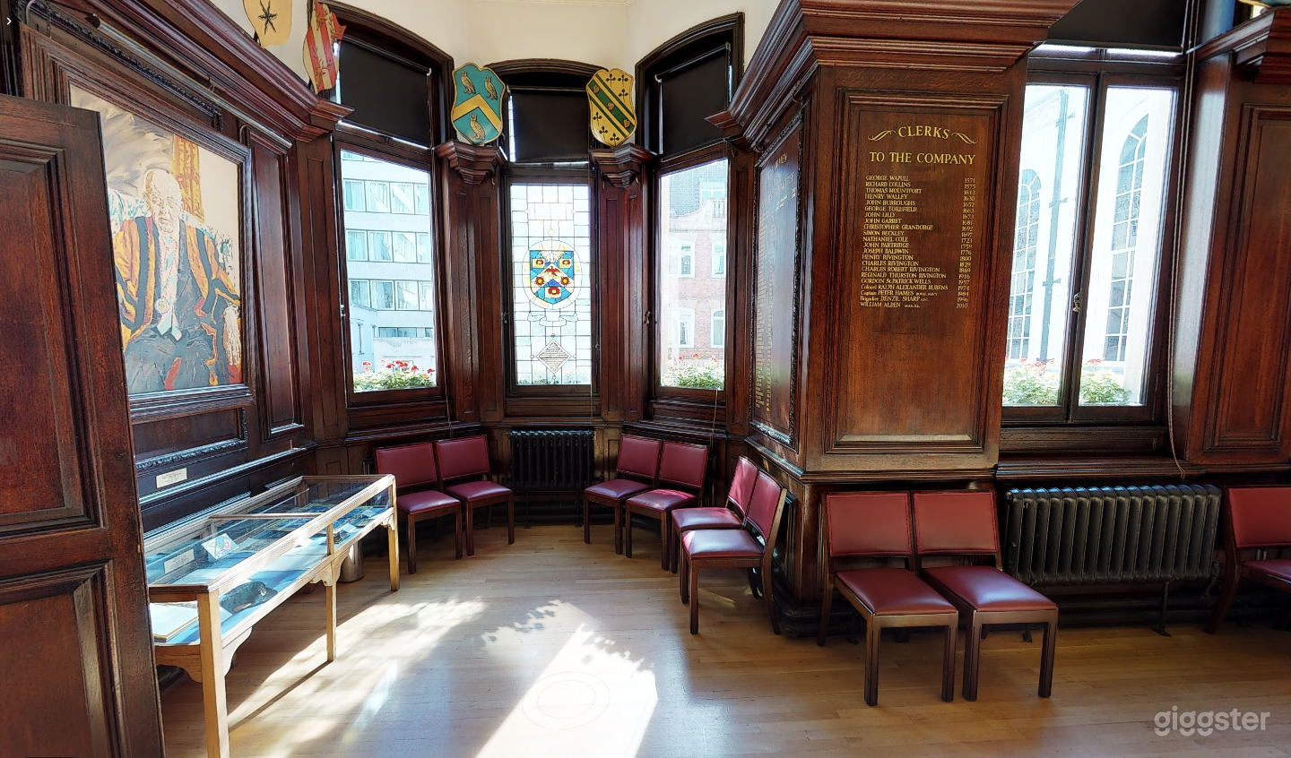 Stain-glass windows and wood-panelled room