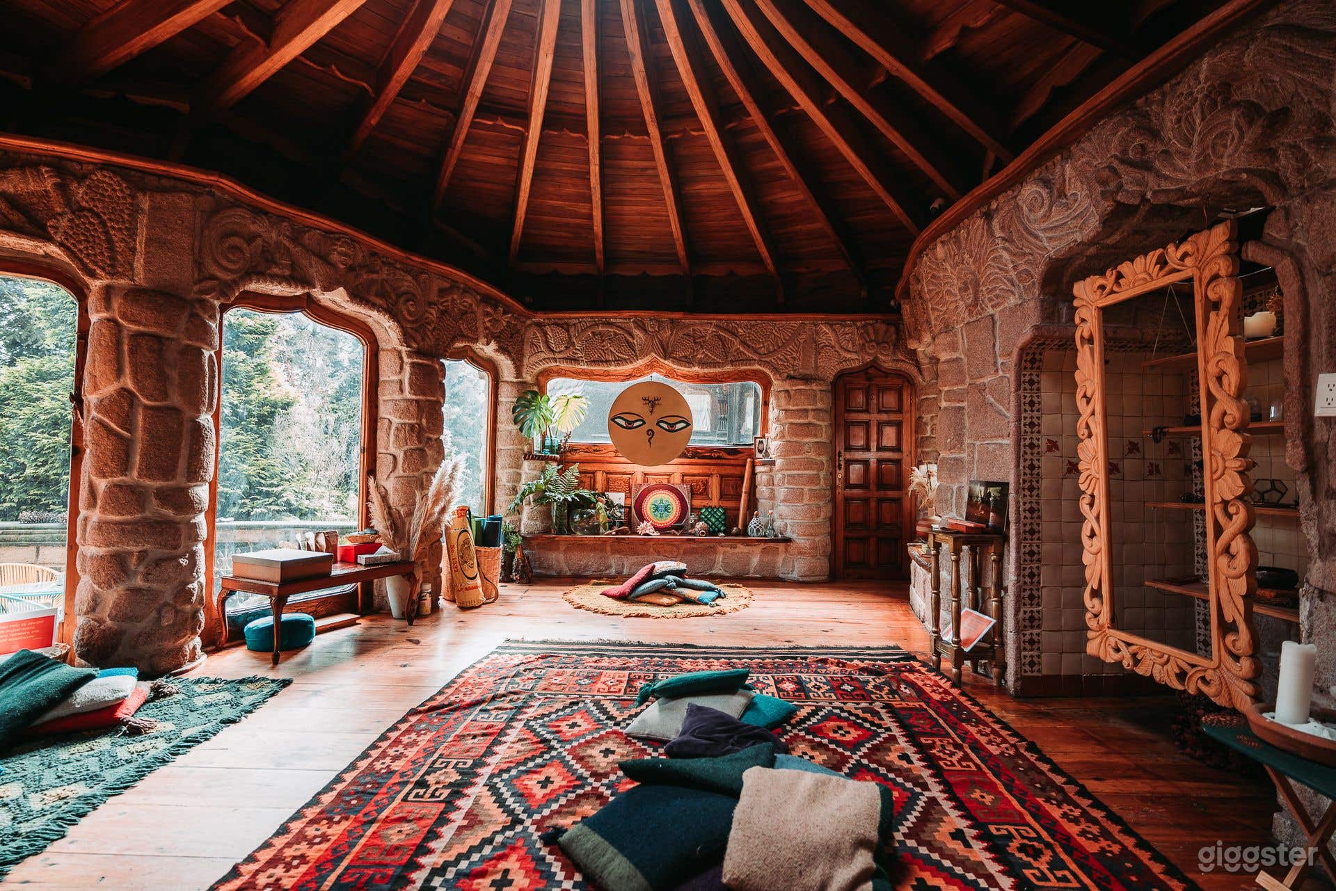 Interior living/ shala room of the main House. This one has a fire place.