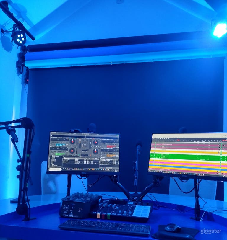  Three monitors and a variety of condenser and Active microphones 