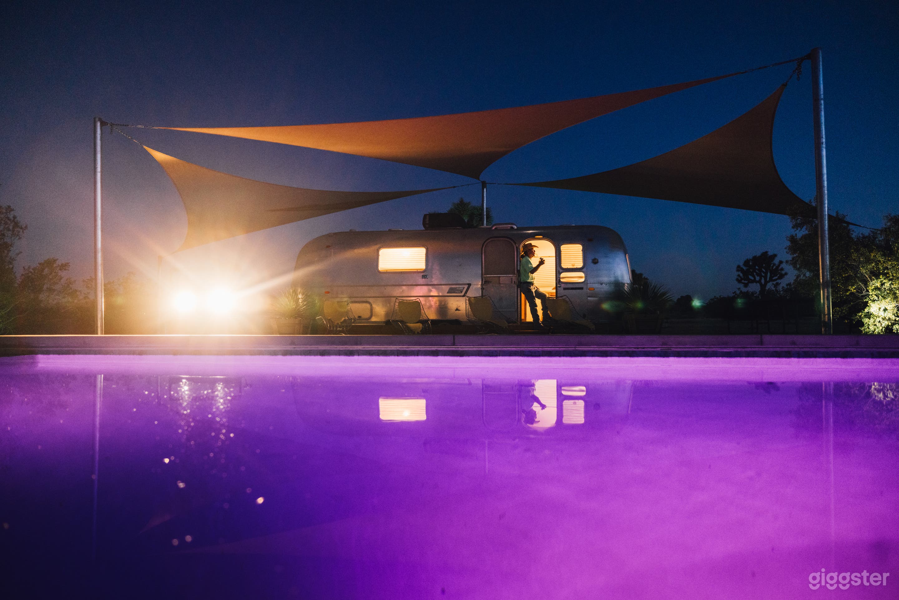 Pool with airstream at night 