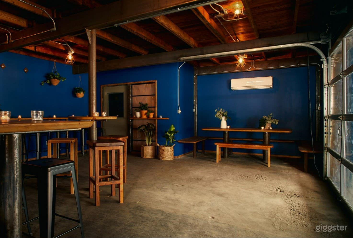 Deep blue walls and tropical plants create a unique and intimate space.