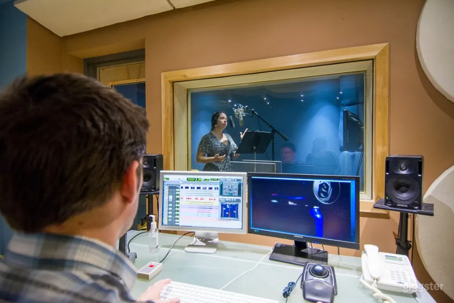 Studio B: Spacious acoustically treated studio space. (Professional audio/recording equipment, Client chairs/sofas, Audio engineer station)