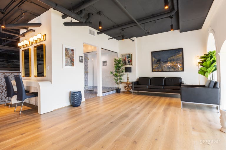  Euro loft or could be a  hotel room, with large glass shower and background, ideal for shampoo soap razor commercials 