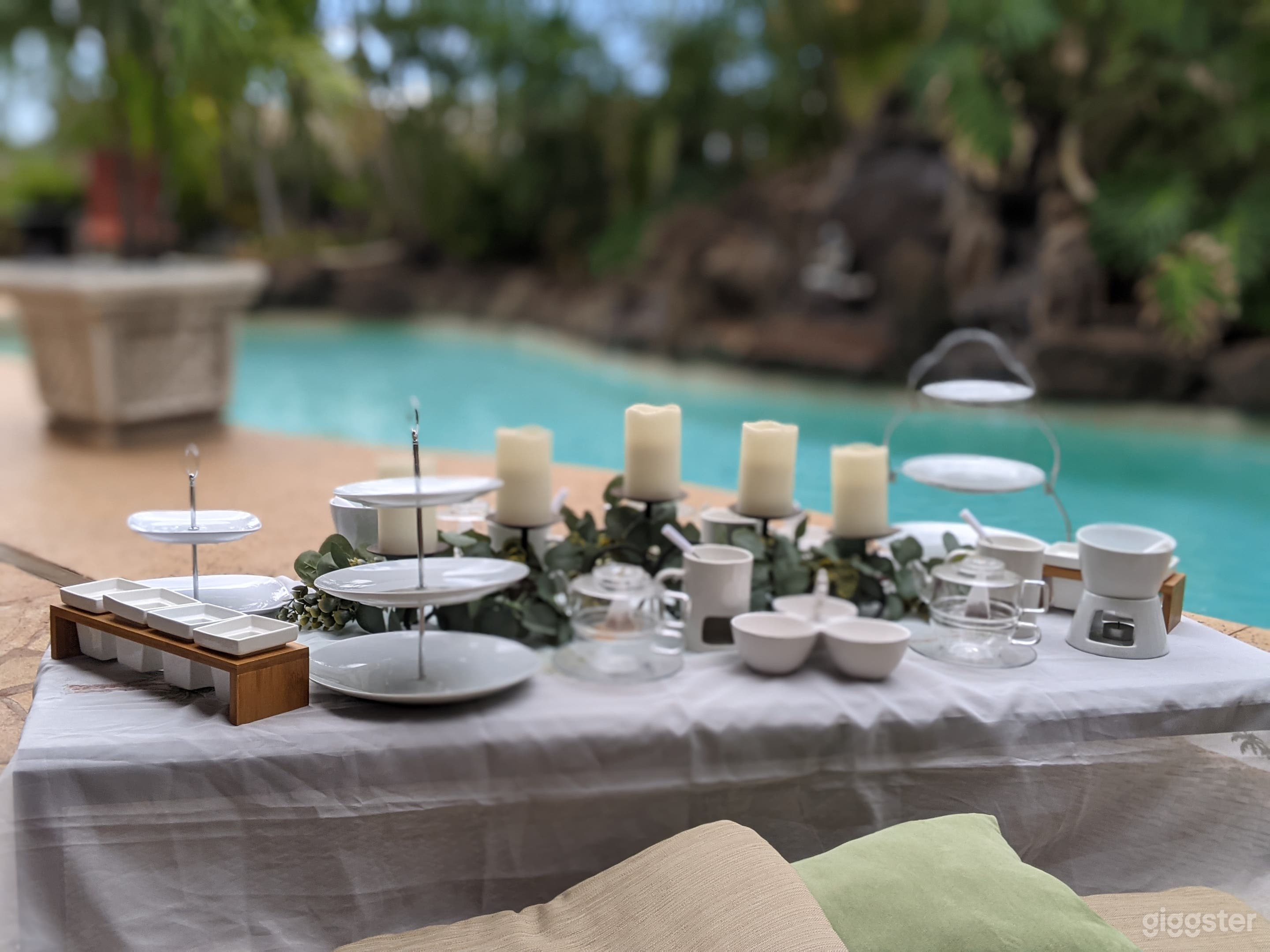 Picnic Table Set-Up Overlooking Waterfall Pool and Golf Course
