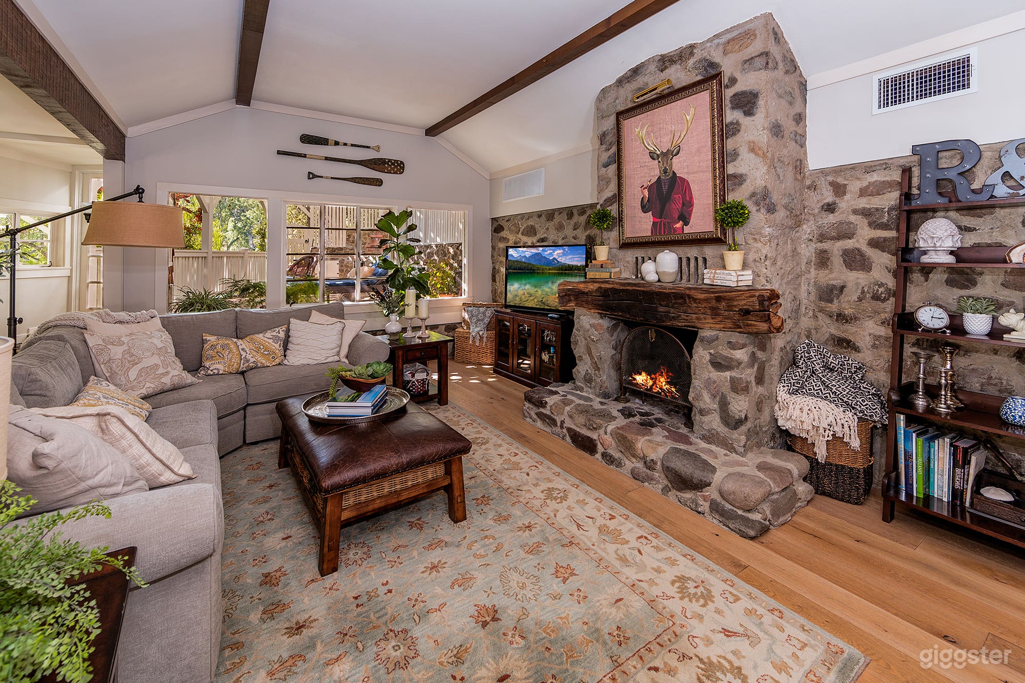 Living Room with Rock Walls &amp; Rock Fireplace 