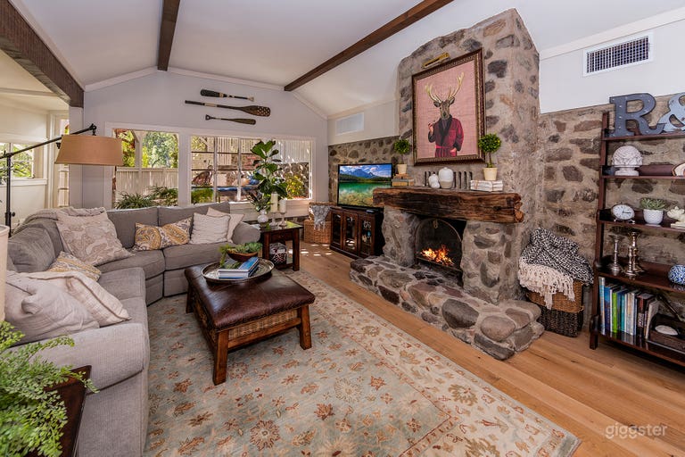  Living Room with Rock Walls &amp; Rock Fireplace  
