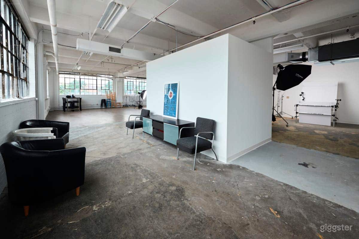 View from studio entrance, (shooting bay on right has been converted to storage), bay 1 on left and changing room in the center