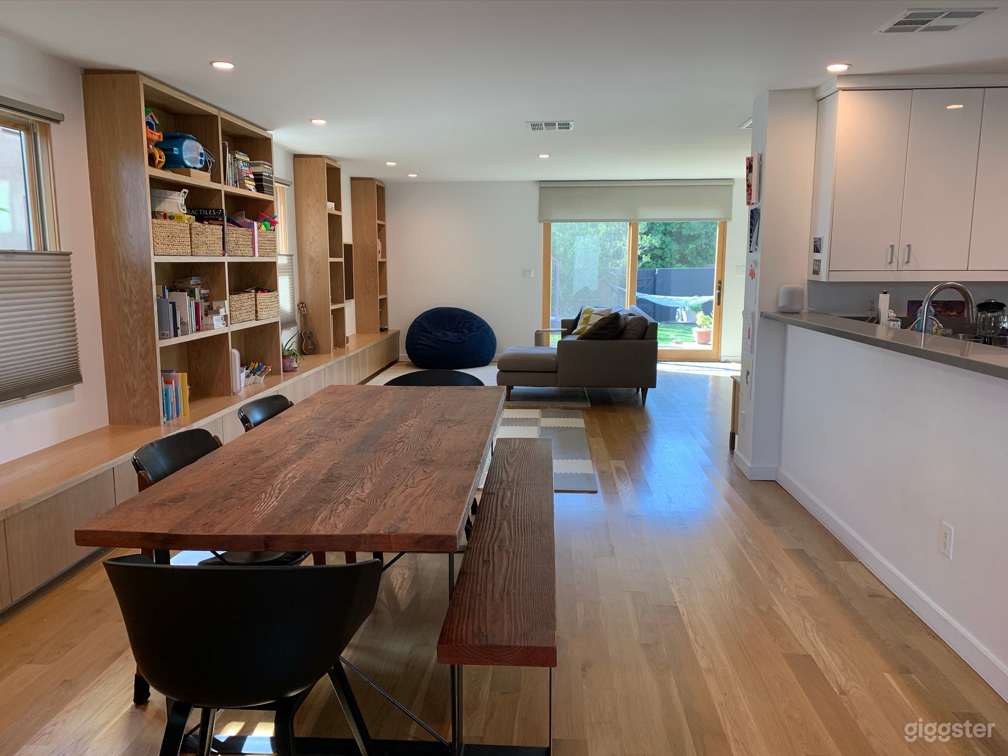 Open floor plan with built in cabinets.