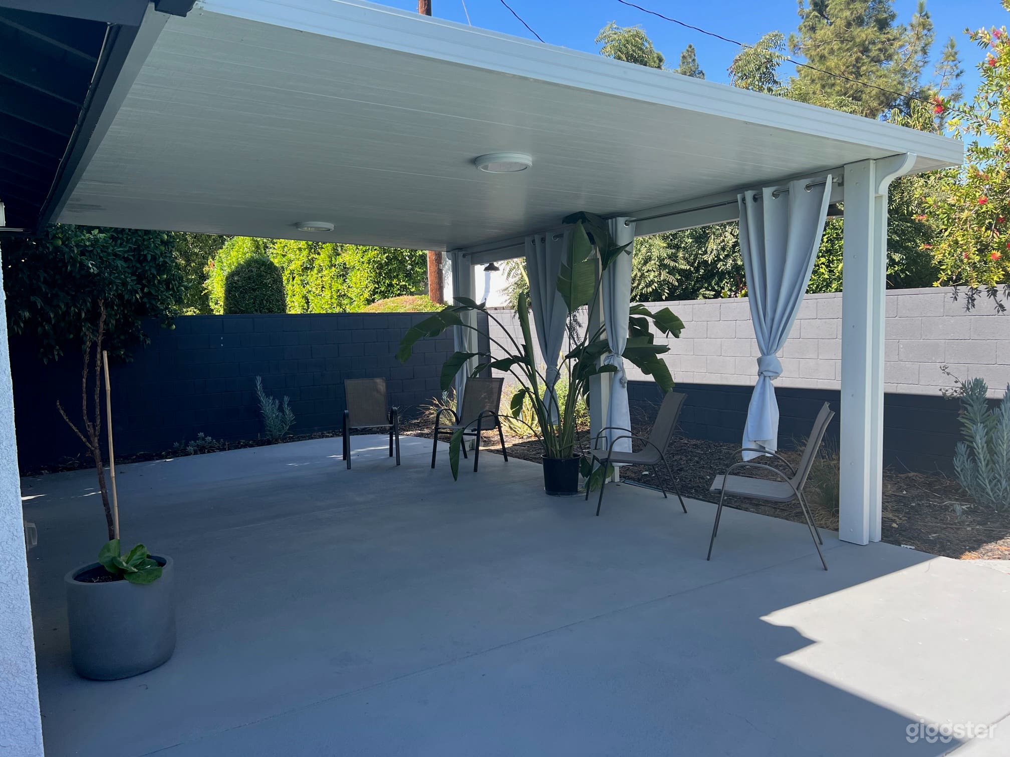 Patio with cover and lights.