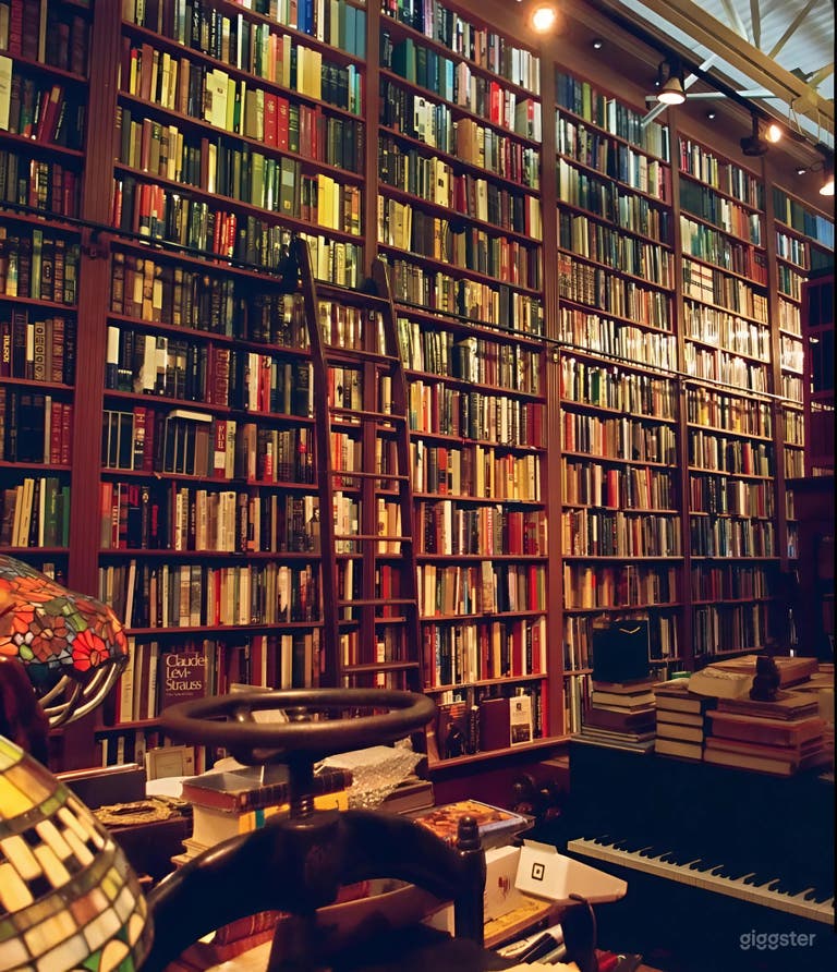  Old World Bookshop with 16-Ft Shelves & Rolling Ladders 
