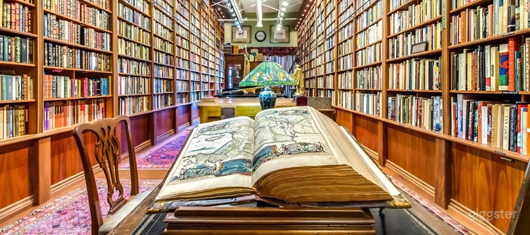  Old World Bookshop with 16-Ft Shelves & Rolling Ladders 