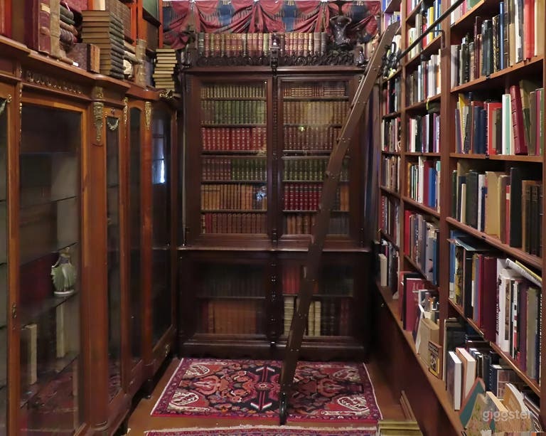  Old World Bookshop with 16-Ft Shelves & Rolling Ladders 