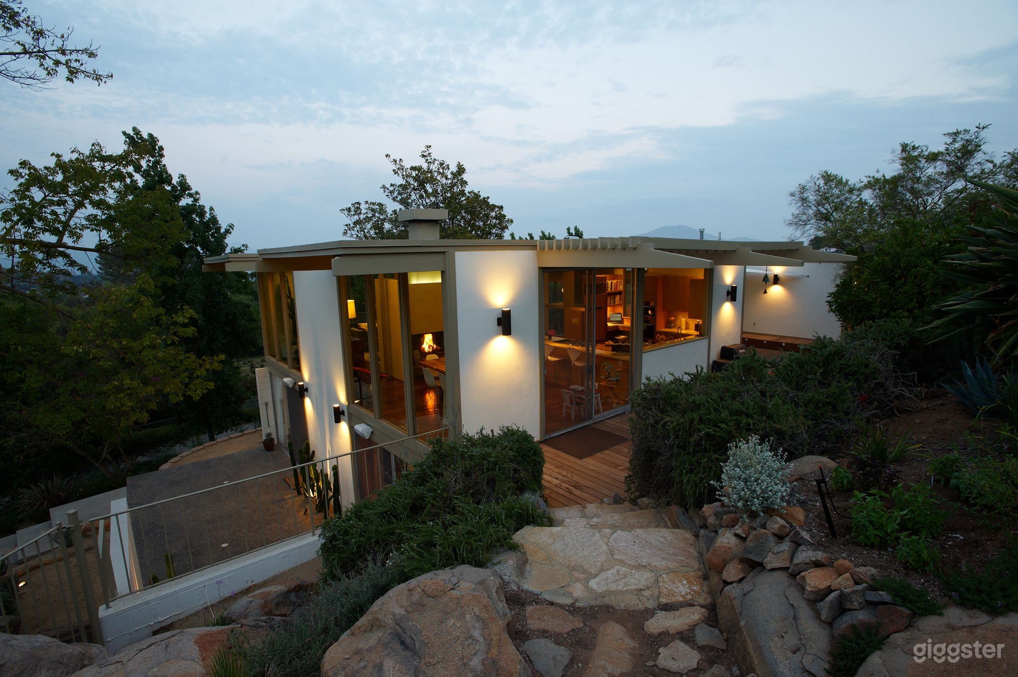 Looking towards the kitchen, pool down below.