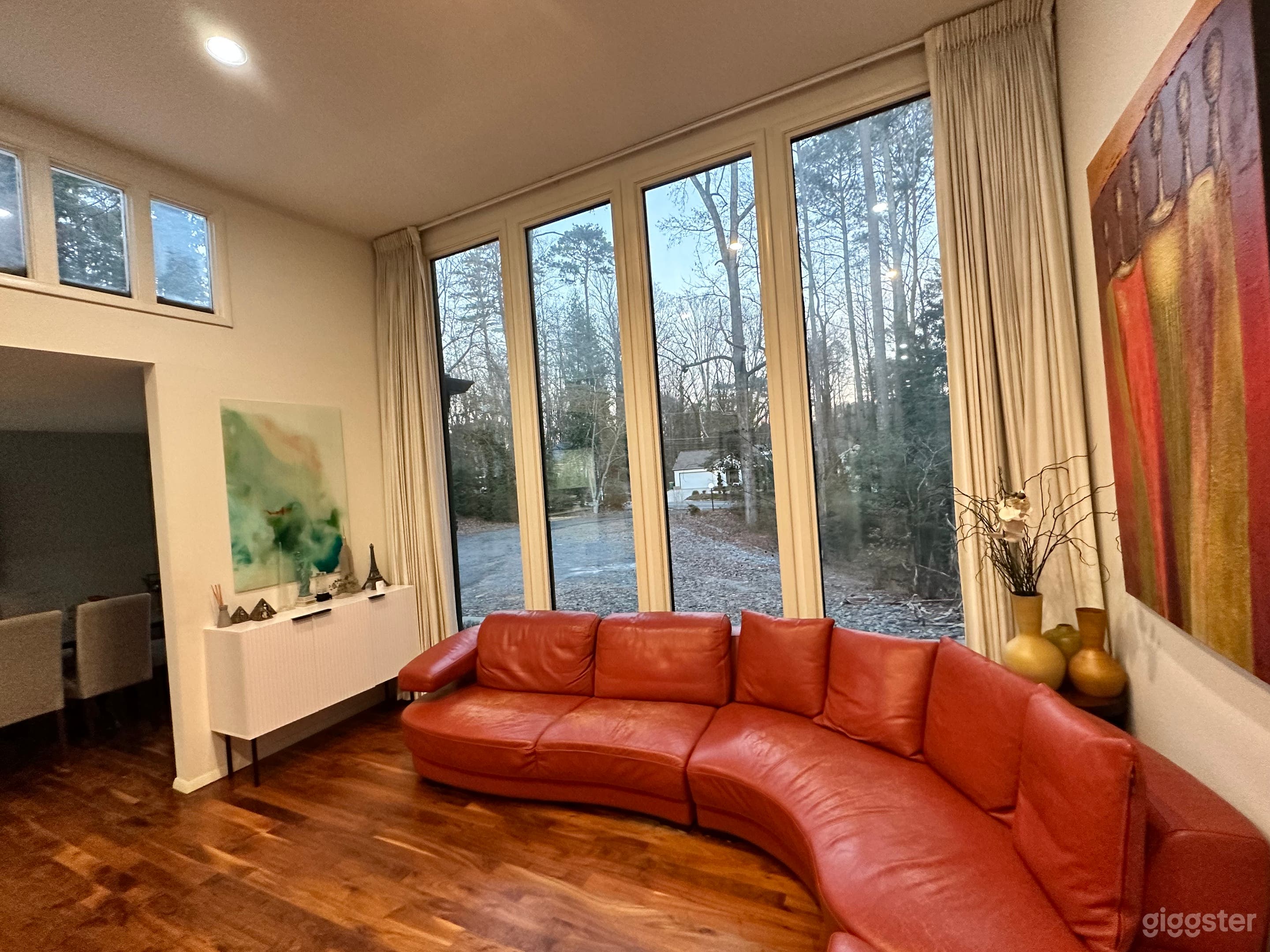 Modern living room with glass windows 
