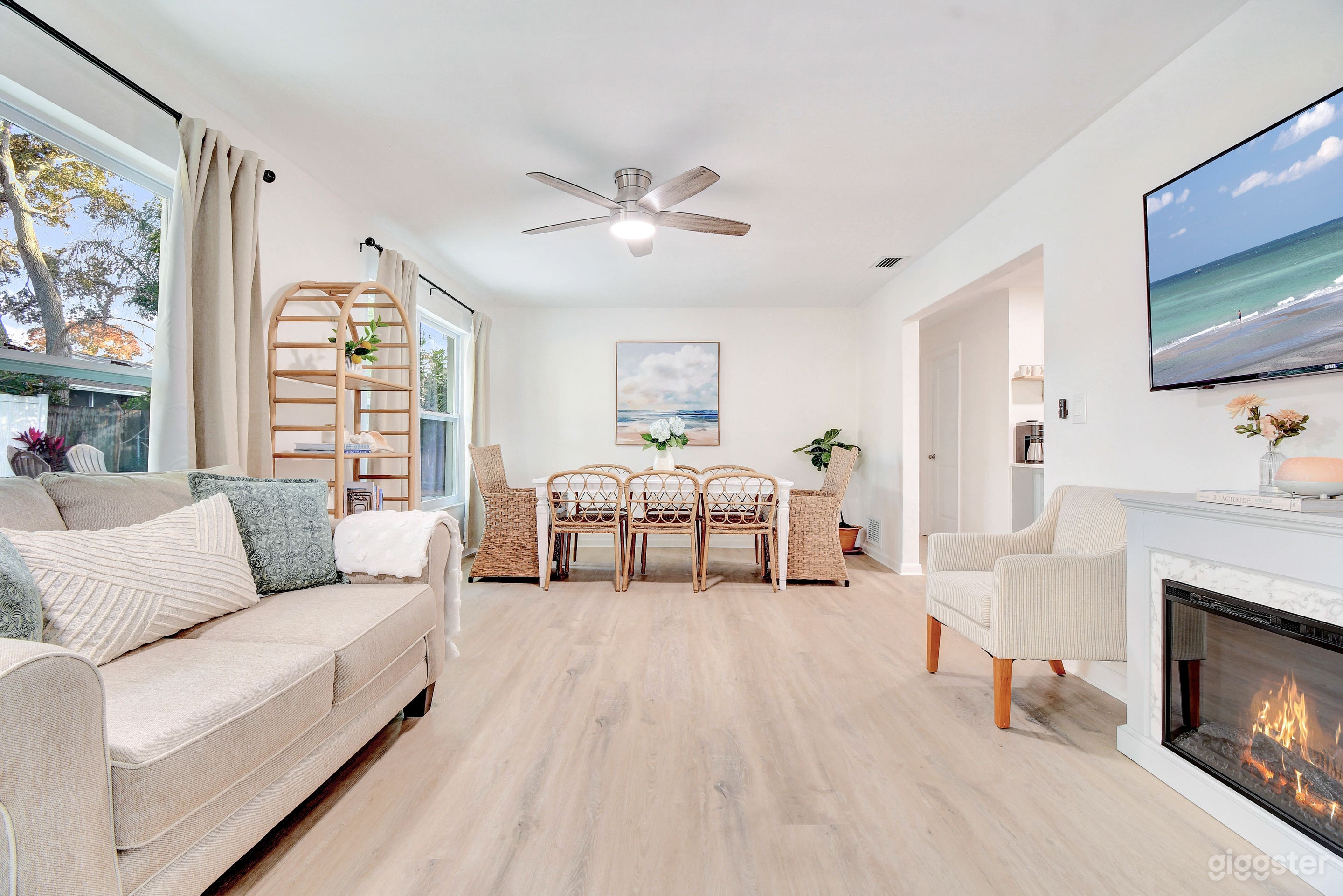 Electric fireplace with rattan bookshelf