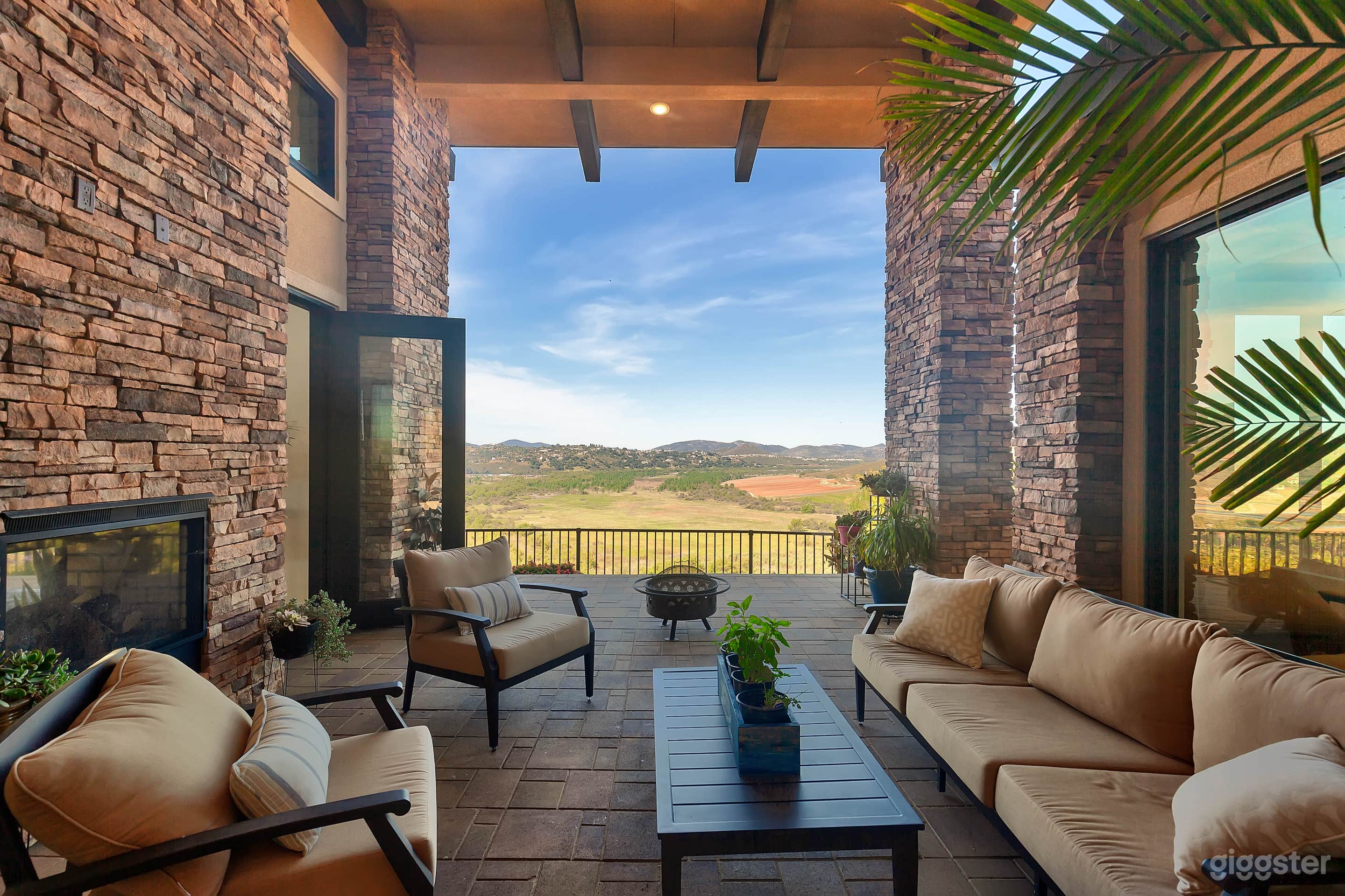 Courtyard with dual-sided fireplace.