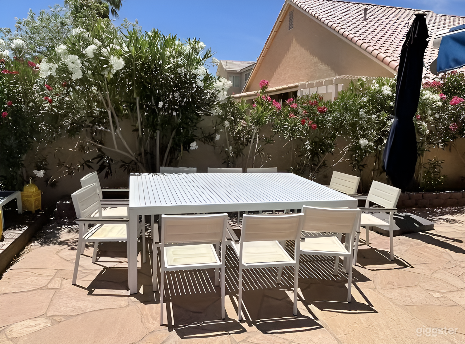 dining with large umbrella