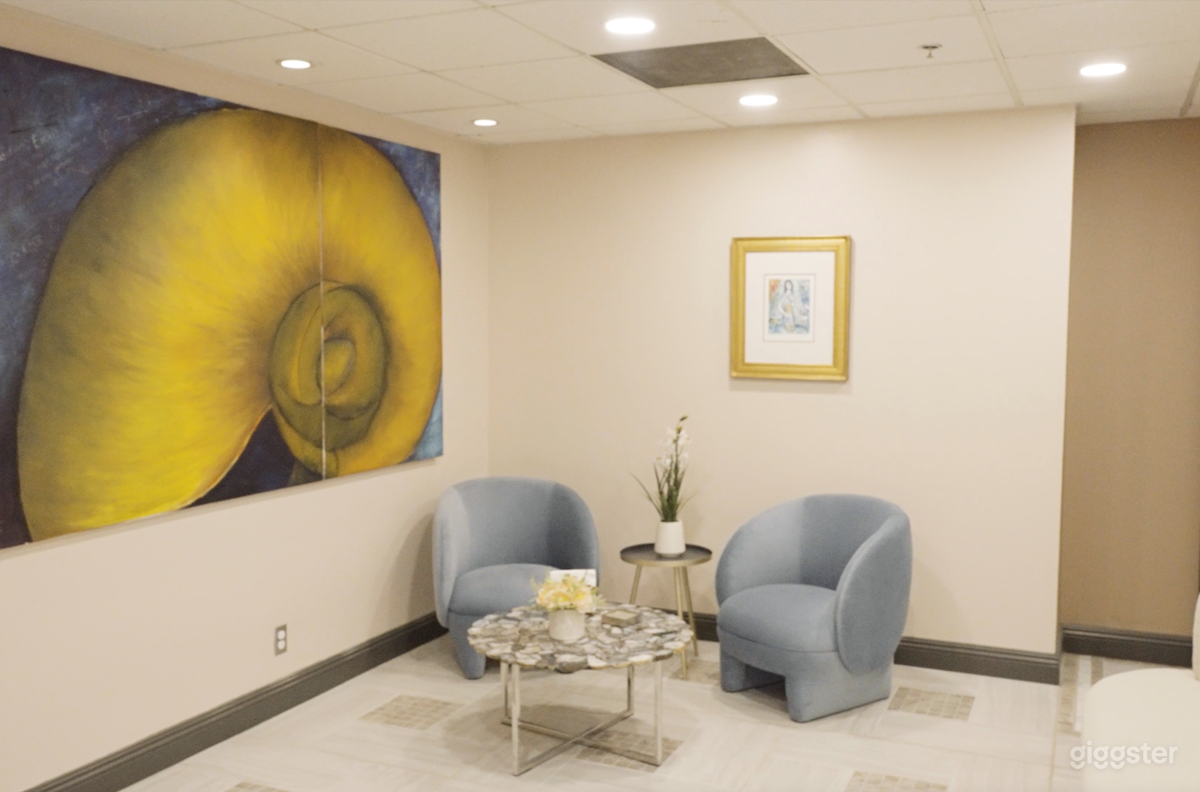 Experience tranquility and exclusivity in our reception area, adorned with high-end paintings and soothing colors. Ideal for social scenes or luxury-focused shoots.
