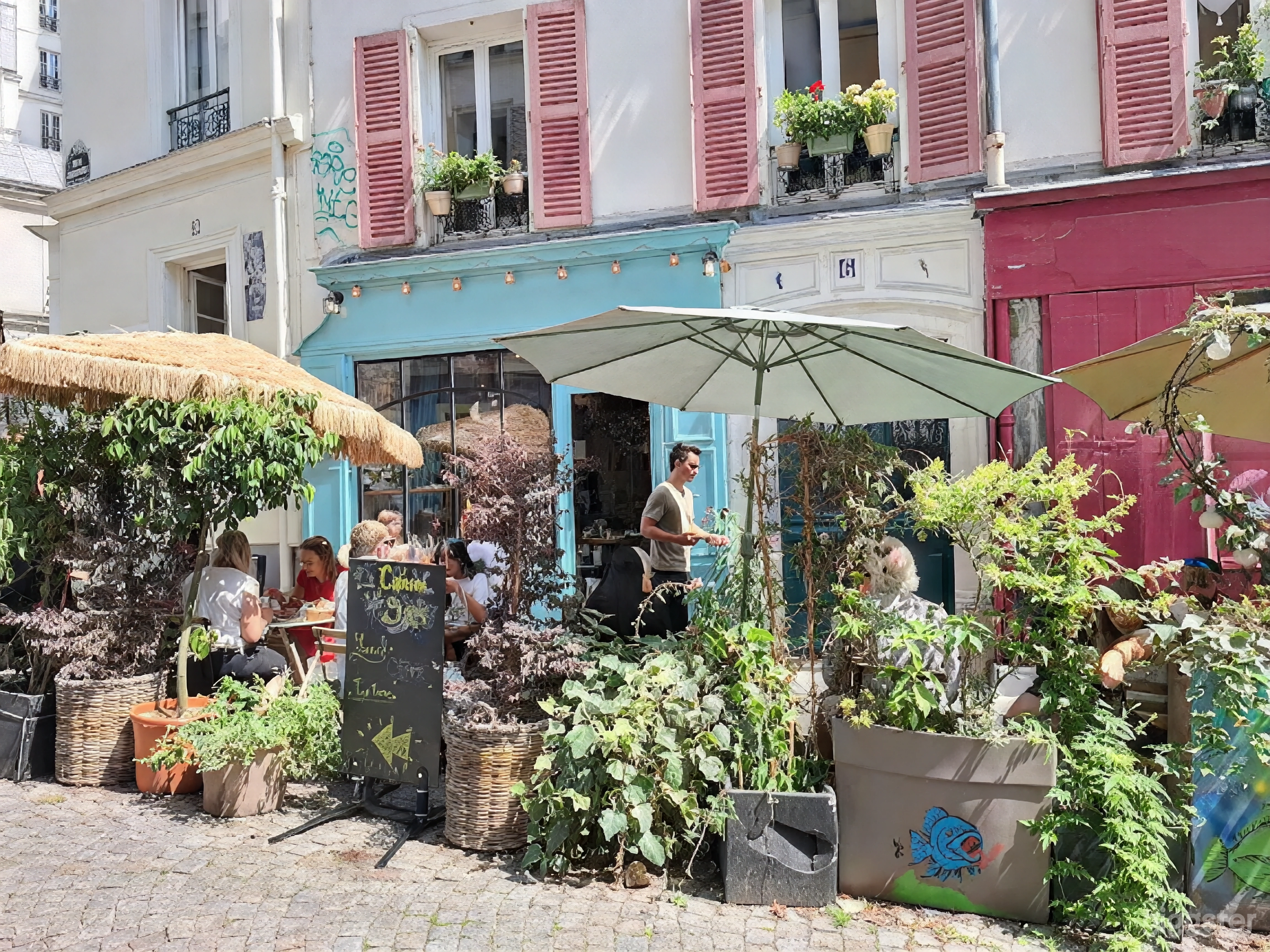 Photo de Café-jardin enchanteur avec mur en pierre rustique 2