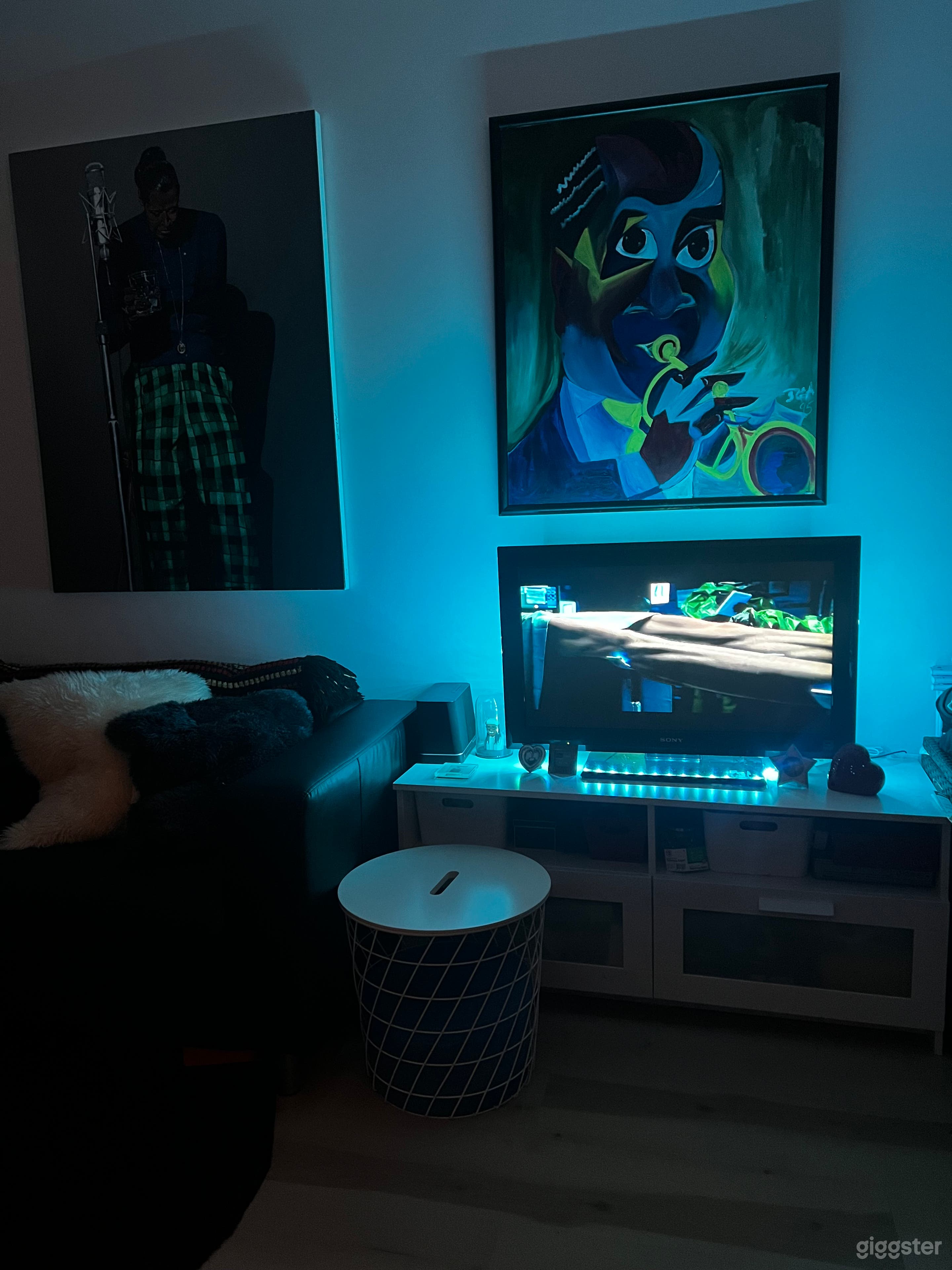 Studio apartment view from daybed with TV on 